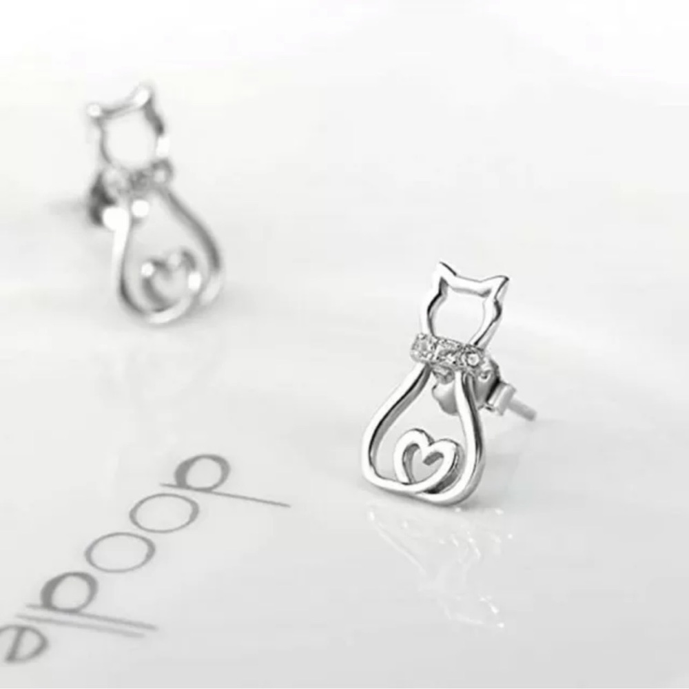 Cat Shaped Party Jewelry Creative Cubic Zirconia 925 Silver Women Stud Earrings - Picture 3 of 4